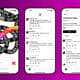 Three smartphone screens displaying a social media application, each with different content and user interactions, set against a purple background.