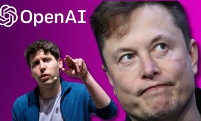Alt text: A collage showing a man wearing a headset microphone speaking with his hand raised against a purple backdrop with the OpenAI logo, alongside a close-up of another man's face.
