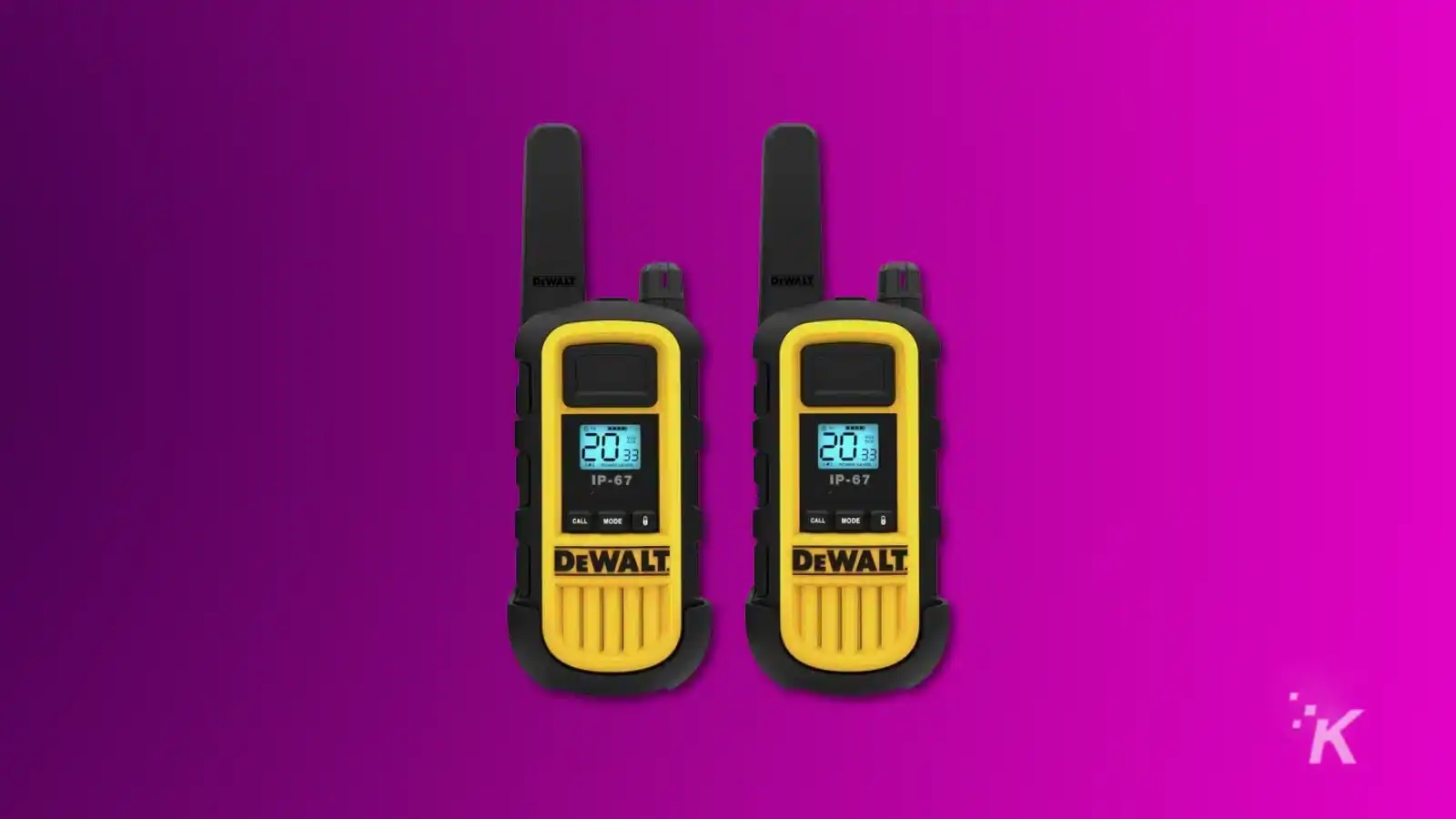 render of two dewalt walkie talkies on a purple background