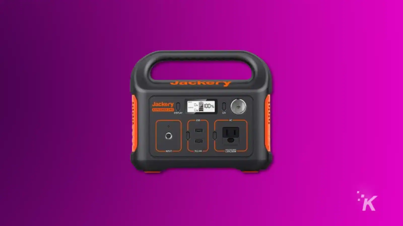 render of a jackery explorer 240 portable power station on a purple background