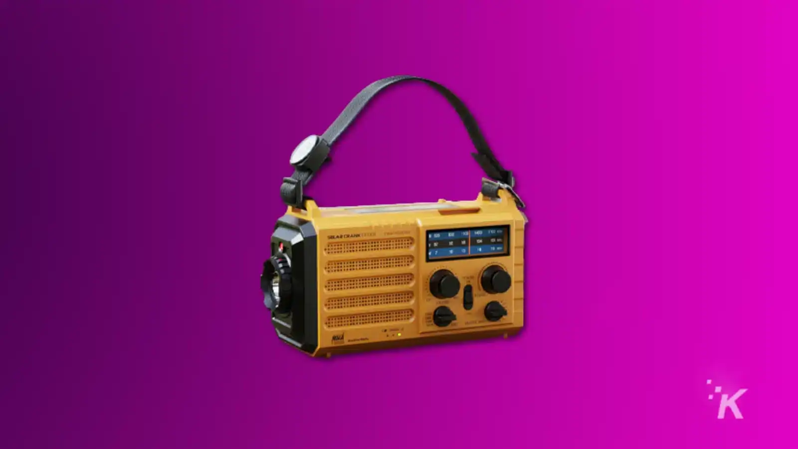 render of a raynic hand crank radio on a purple background