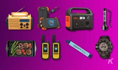 Assorted portable outdoor and survival gear items.