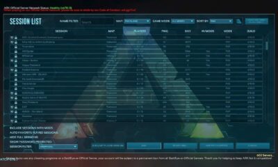 ARK game server session list screen.